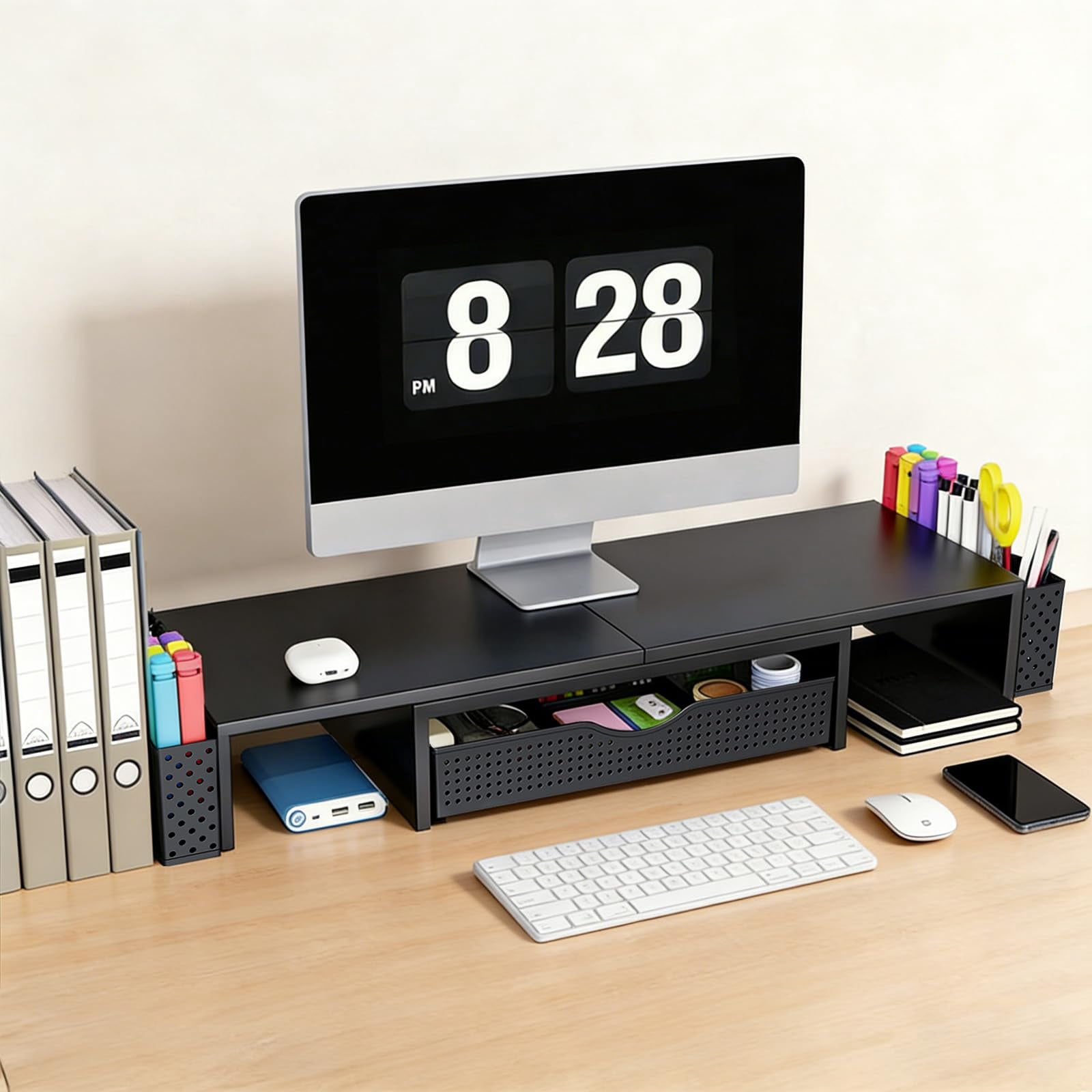 Metal Desk Organizers And Accessories  Dual Monitor Stand Riser With Drawer 2 Pen Holders Book Racks & Workspace Desktop For Office Supplies (black)