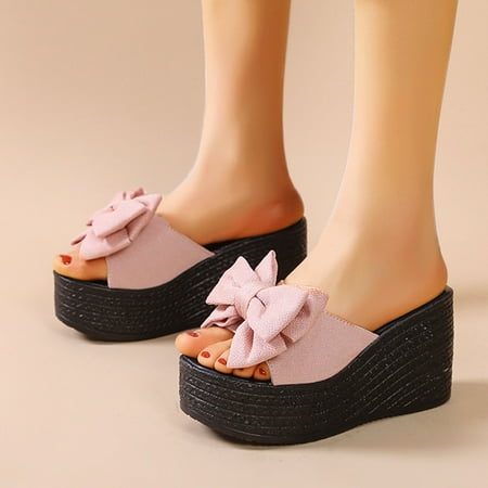 

Slippers Ladies Fashion Cloth Bow Fish Mouth Platform Wedge Heel Casual Slippers