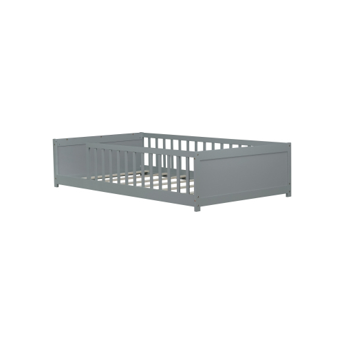Bellemave Twin Size Floor Bed with Fence, Montessori Floor Twin Bed with Built-in Book Rack, Solid Wood Twin Bed with Slats and Safety Guardrails, Grey