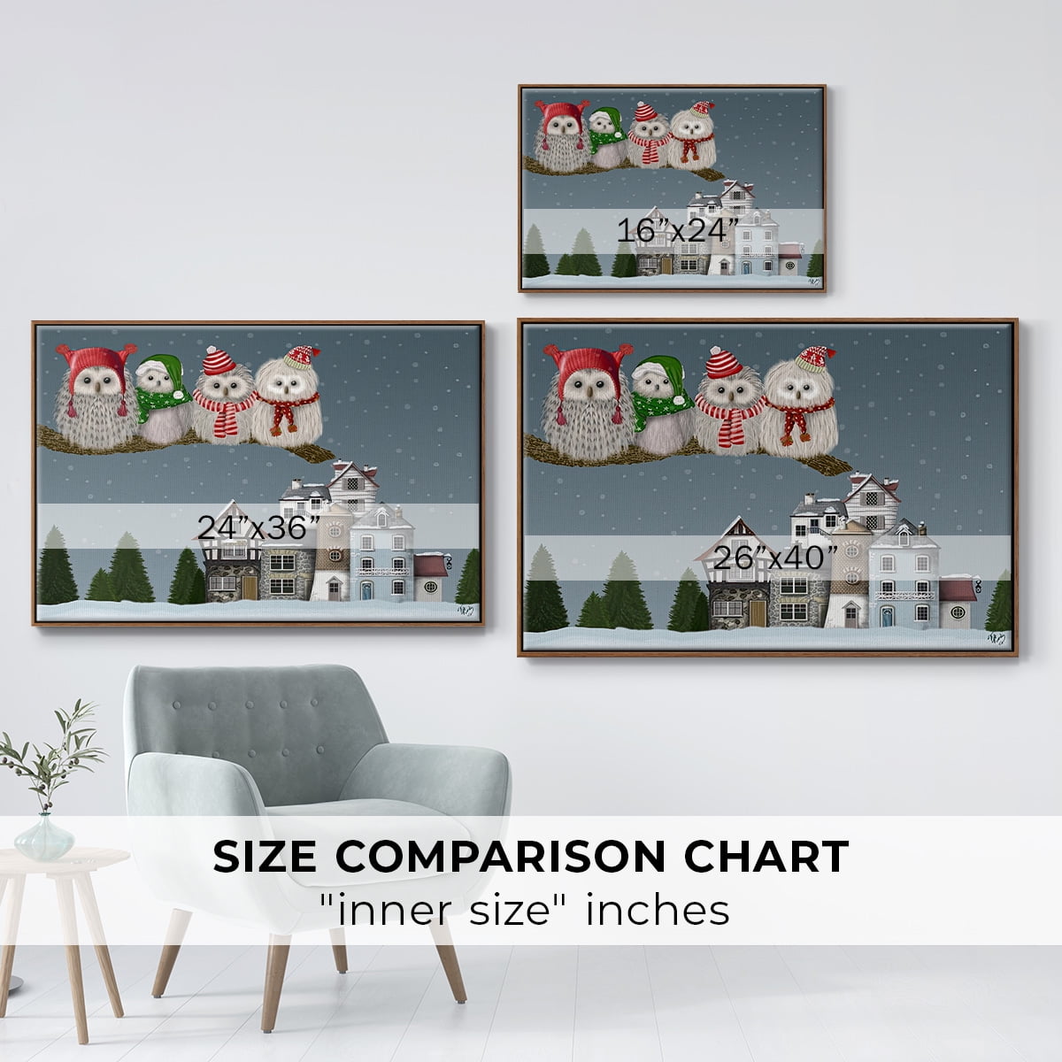 Christmas Christmas Owl Village - Framed Gallery Wrapped Holiday Canvas - 25 x 37 - Rosewood Frame