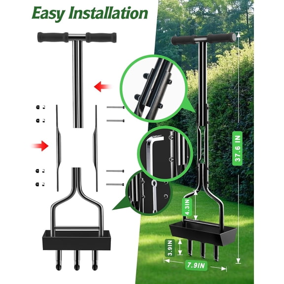 Lawn Aerator Garden Tool with Soil Core Tray, 38" Manual Grass Plug Aerators & A Cleaning Tool, Coring Aeration Tools with 3 Tines for Gardening, Soil Compaction, Lawn Yard Care, Patented Black