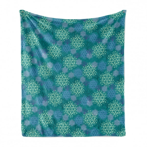 Natural Soft Flannel Fleece Throw Blanket, Floral Snowflakes Pattern Along Abstract Leaves Motif on Natural Teal Background, Cozy Plush for Indoor and Outdoor Use, 50" x 60", Multicolor, by Ambesonne