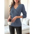 thumbnail image 4 of Women V Neck Long Sleeve Sweaters Criss -Wrap Ruched Pullover Fall Tops Navy Blue L, 4 of 6