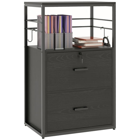 Vinsetto Armoire à Dossiers 2 Tiroirs, Barre de Suspension Verrouillable et Ajustable, Noir