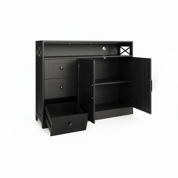 47" Farmhouse Buffet Cabinet with Power Outlet – Kitchen Sideboard with 3 Drawers, Sliding Barn Doors & Open Shelf, Wood Coffee Bar Storage Cabinet for Dining Room, Entryway or Living Room, Black