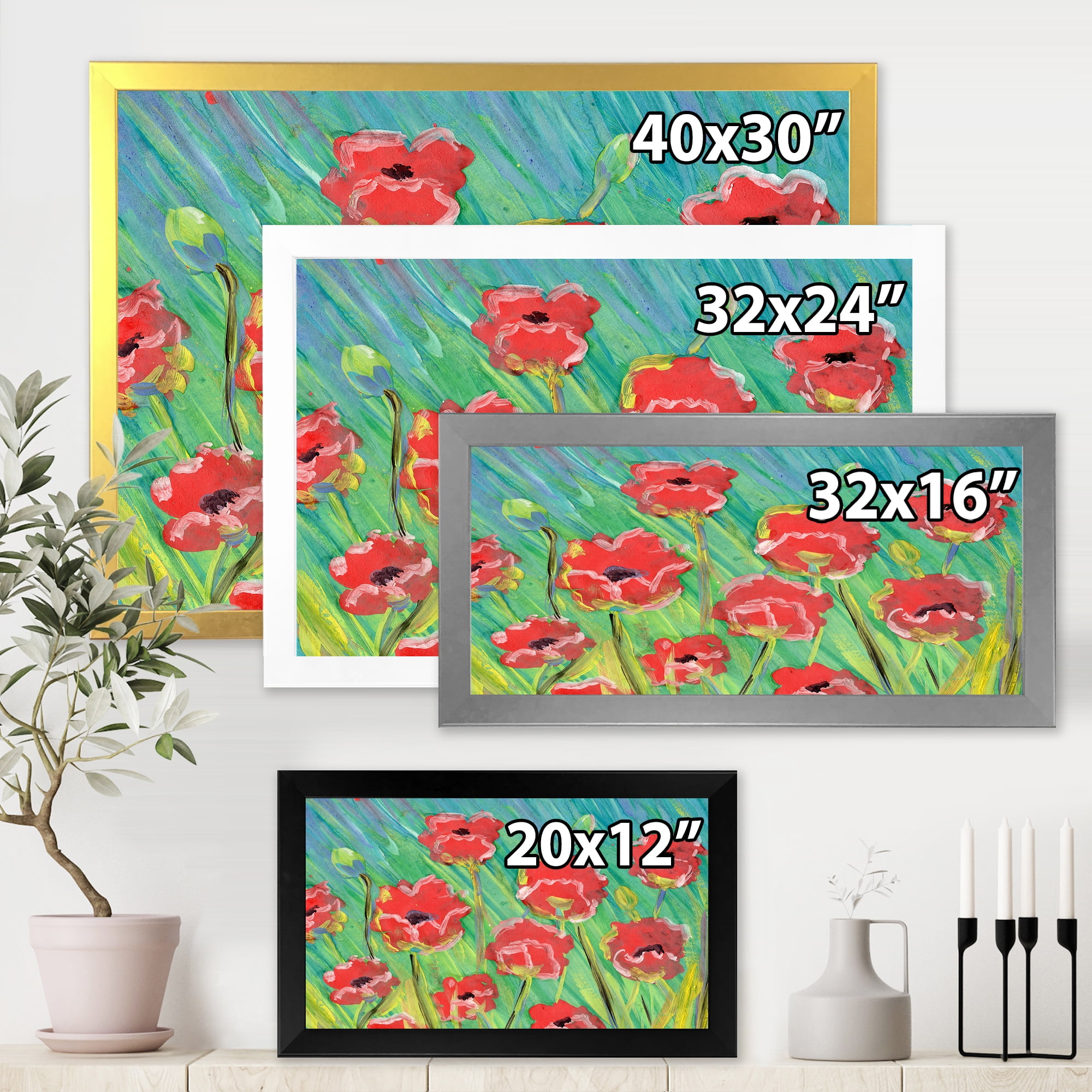 Designart 'Gouache Of Blooming Red Poppies' Traditional Framed Art Print