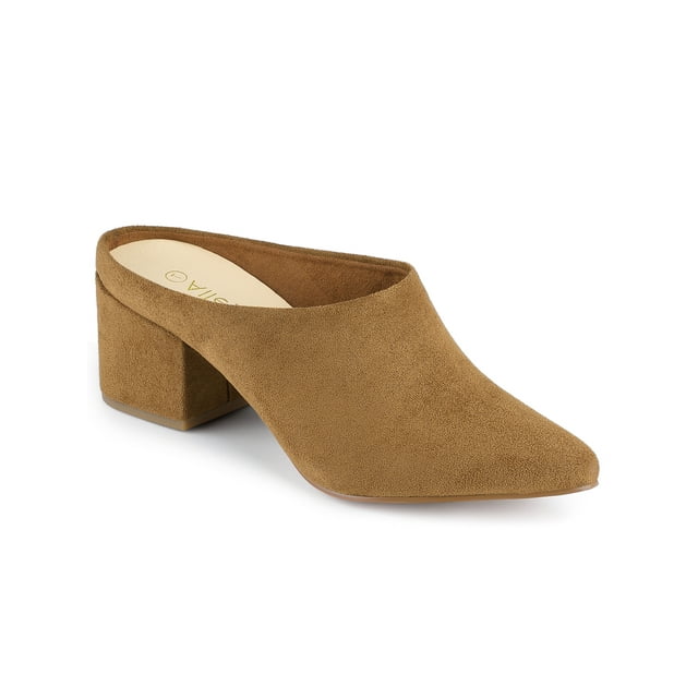 BLISSFUL STEP Sandales à Talons Hauts Blocs pour Femmes, Mules à Enfiler à Bout Pointu, Brun 7