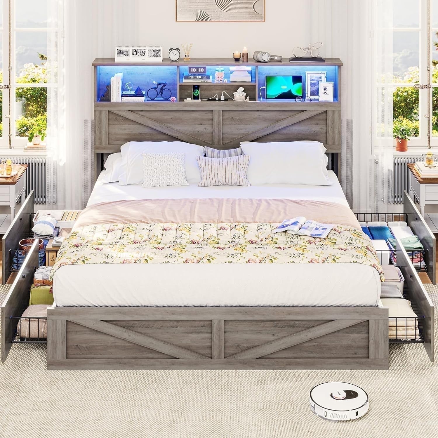 Queen Rustic Bed Frames With Storage Headboard Bookcase, Farmhouse Wooden Platform Panel Bed with 4 Drawers & Charging Station, No Boxing Need, Vintage Gray