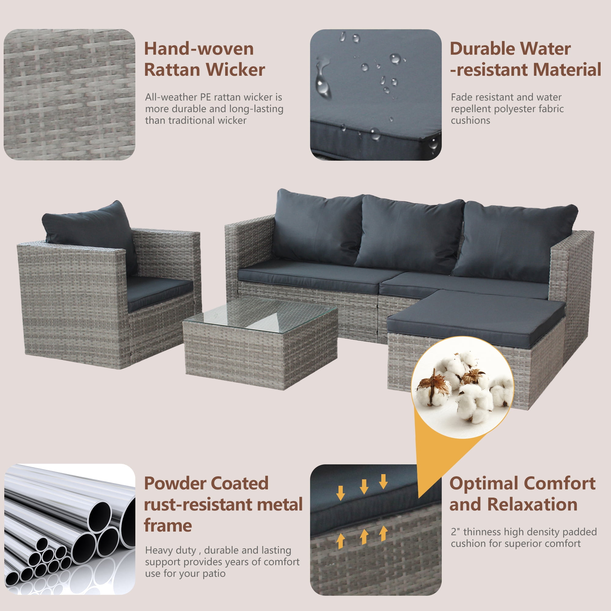 4 Pieces Patio Furniture Sectional Set, Outdoor All-Weather Wicker Conversation Set with 3-Seater Sofa & Table, Rattan Sectional Sofa Set, Backyard Porch Balcony Use Furniture Set, K2813