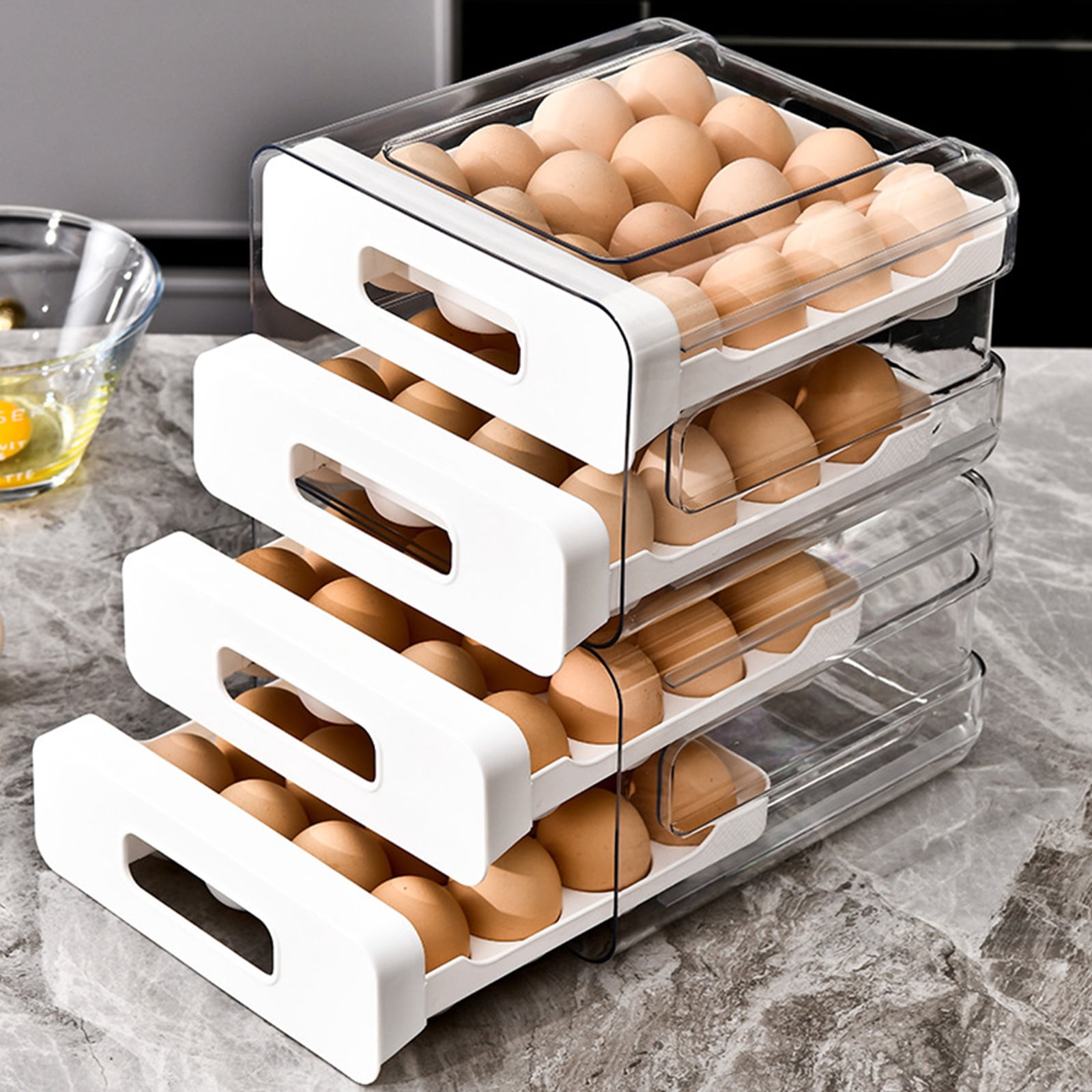 32 Eggs Container Holders Dispenser for Refrigerator 2 Tiers Clear Stackable Eggs Holder Tray with Drawer for Fridge