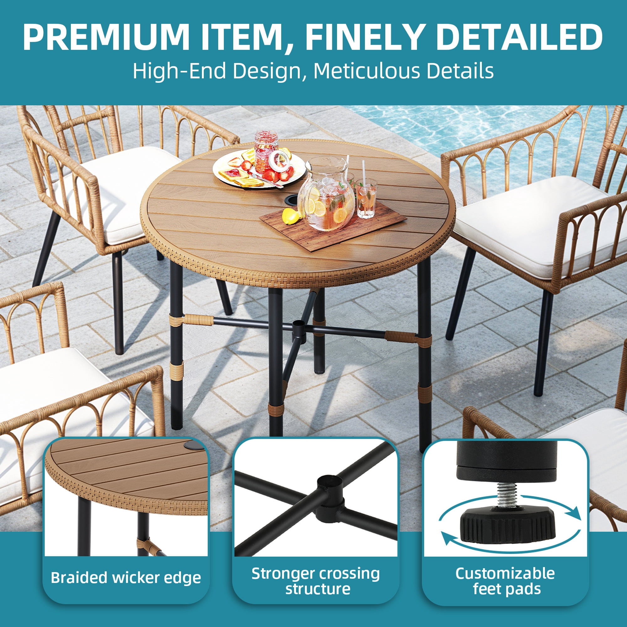 Uforic Round Outdoor Dining Table for 4, 35.4" x 30.3" All-Weather Patio Bistro Table with 2.2" Umbrella Hole, Adjustable Levelers, Metal Frame and Faux Wood Tabletop for Backyard Garden