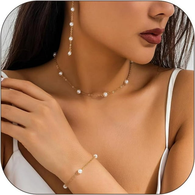 Juego de collar y aretes de perlas, gargantilla de perlas, collar de perlas de imitación, collar de perlas, pulseras de perlas, conjunto de aretes, joyería para mujeres y niñas, regalo