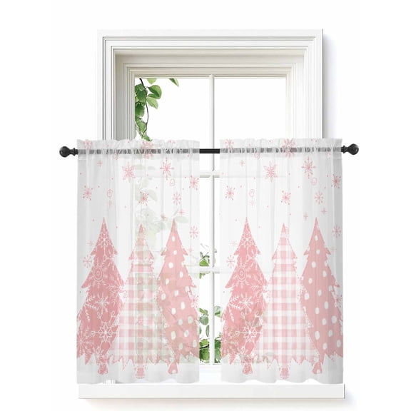Pink Christmas Tier Curtains 45 Inch Length,Sheer Curtains for Bedroom Living Room Window Pink Plaid Xmas Tree Snowflake Winter Voile Drapes Kitchen Curtains Small Half Window 27.5"x45" 2 Panels