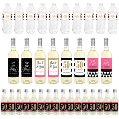 Chic 50th Birthday Black and Gold Set of 4 Wine Bottle Labels Birthday Gift Pink 