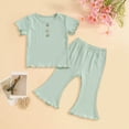 thumbnail image 2 of Kaprioy Girls Summer Outfits Toddler Baby Girl Birthday Outfit Ruffle Ribbed Knit Short Sleeve T-Shirts Tops Flare Pants Cute 2 Piece Clothes Set, 2 of 5