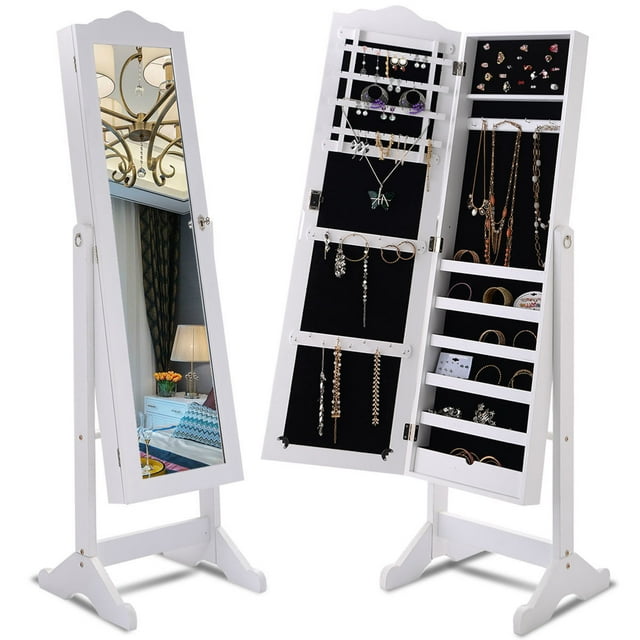 Topbuy Armoire à Bijoux avec Miroir Réglable et Conception Verrouillable, Blanc