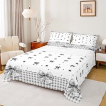 Homewish Kawaii Bow 4 Pieces Queen Sheet Sets for Teens Boys Girls,Geometric Plaid Ultra Soft Flat Sheet,Dreamy Princess Queen Fitted Sheet,Super Cozy Room Decor