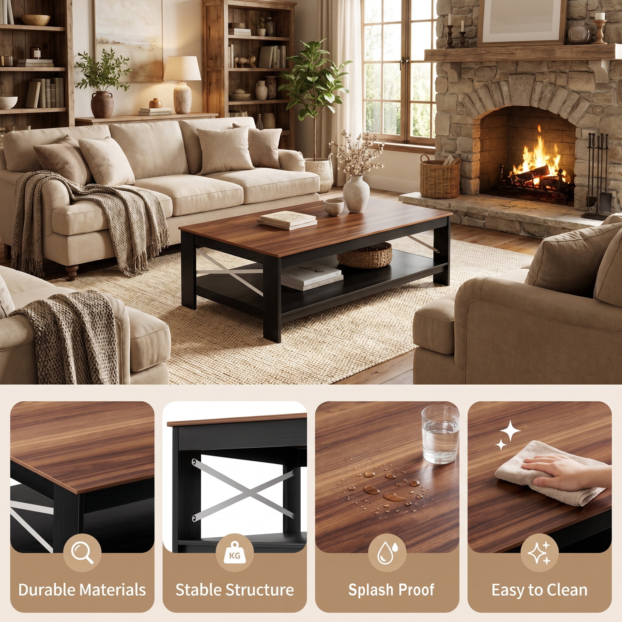 BEAUTYPEAK 40"x22" Coffee Table with Storage Shelves Rectangular Living Room Center Table, Walnut