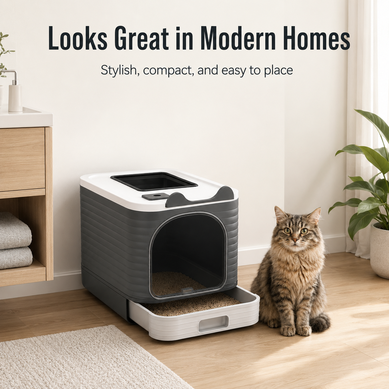 Phancir Enclosed Cat Litter Box with Lid, Gray photo 7