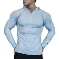 thumbnail image 2 of Men's Half Zip Slim Hooded Top, Contrast Decorative Strips, Raglan Sleeve Cutting, Fit Long Sleeve Sports Shirt for Fitness and Outdoor Activities Light Blue M, 2 of 5