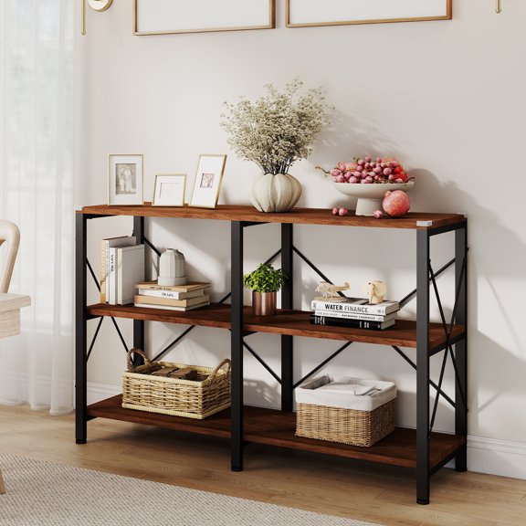 Skandiquip 3-Tier Industrial Console Table, Entryway Sofa Table with X-Shaped Black Metal Frame, Open Storage Shelf for Hallway, Living Room, Walnut