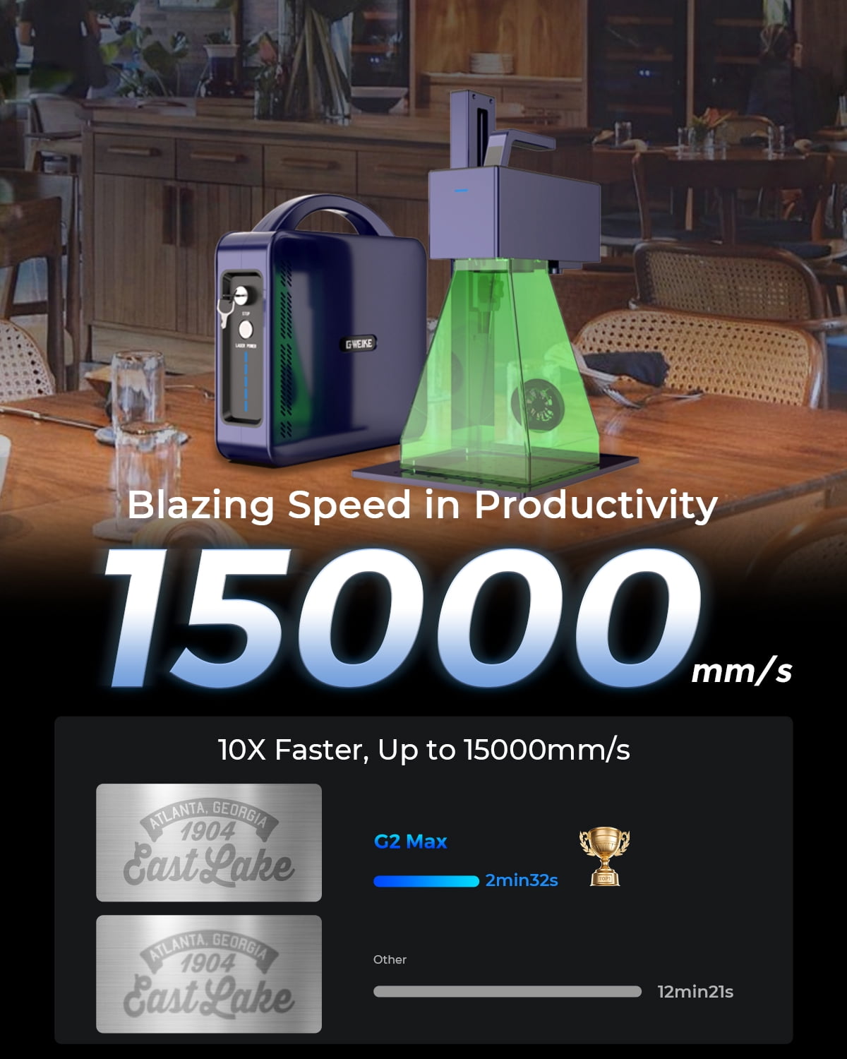 GWEIKE G2 Max 50W Fiber Laser Engraver with 3D & Deep Engraving, 15000mm/s Fast Laser Engraver Machine, 150x150mm Working Area, 0.001mm Laser Marking Machine for Jewelry, Metal, Leather, Dog Tags