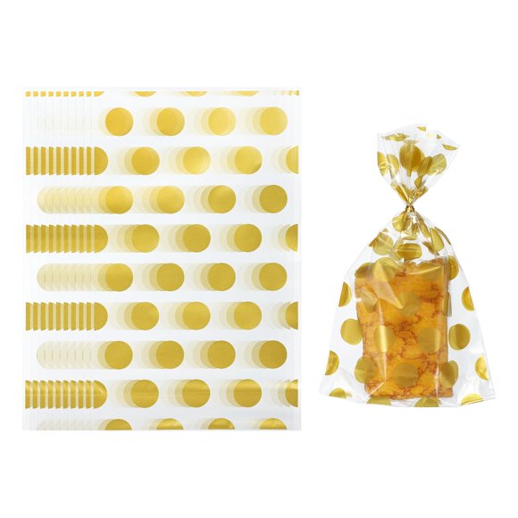100pcs Bolsas Transparentes para Golosinas, 8.3" x 5.1" Bolsas Autoadhesivas para Galletas con Patrón de Puntos para Empaque de Dulces, Dorado