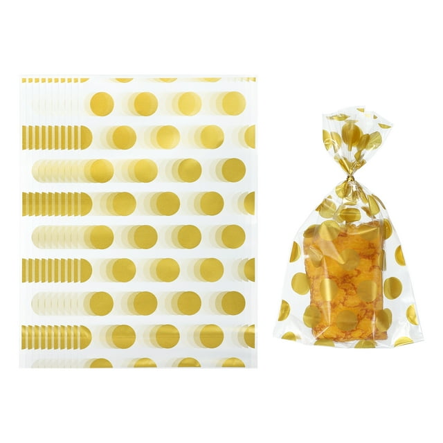 100pcs Bolsas Transparentes para Golosinas, 8.3" x 5.1" Bolsas Autoadhesivas para Galletas con Patrón de Puntos para Empaque de Dulces, Dorado