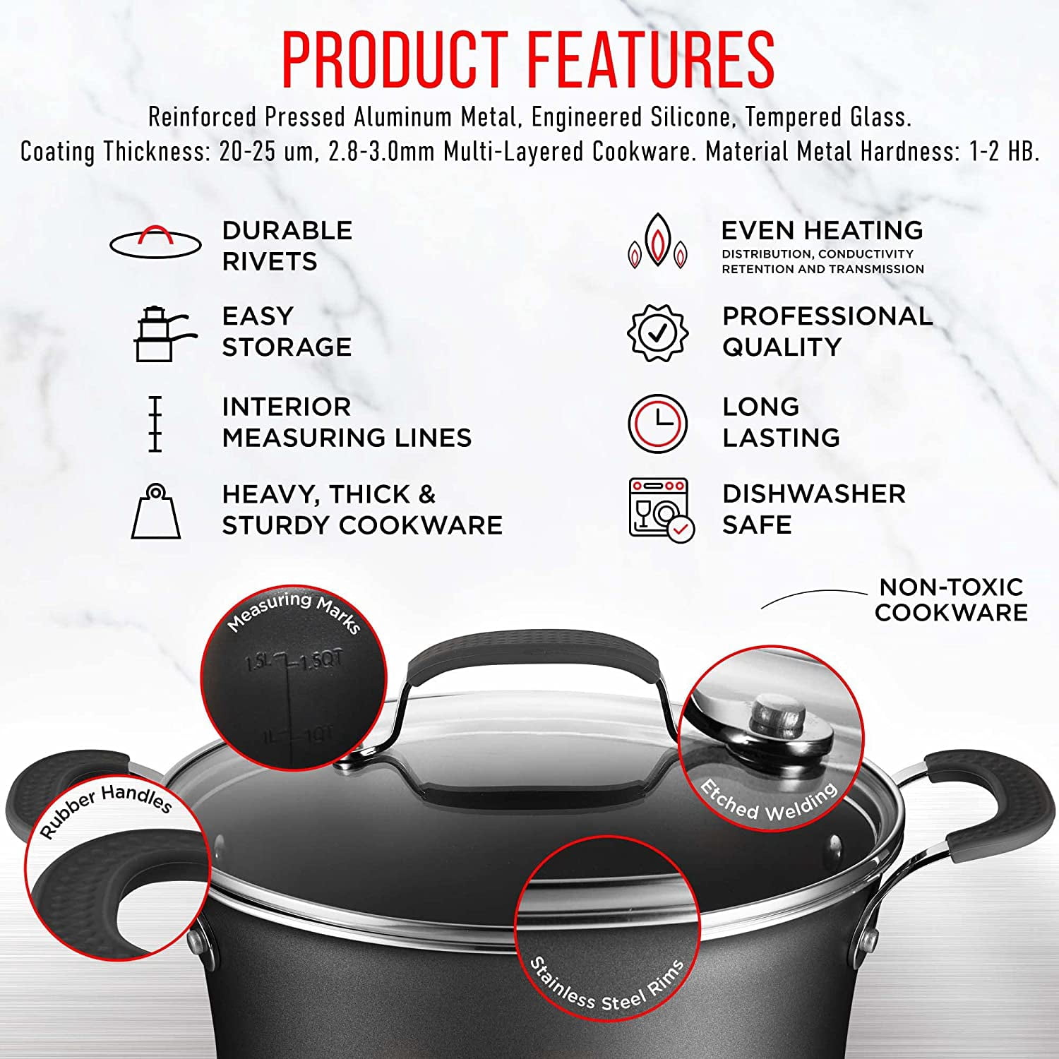 Bakken- Swiss Pots and Pans Set – 14 Piece – Non-Stick Professional Home Kitchenware – Cooking Pots with Lids – Suitable for Gas, Electric, Ceramic and Induction Counter Cooktops - Black