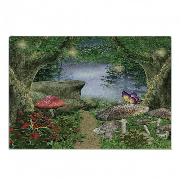 Mushroom Cutting Board, Enchanted Nature Pathway Butterflies Landscape Rocks, Decorative Tempered Glass Cutting and Serving Board, Small Size, Tan Green Red, by Ambesonne