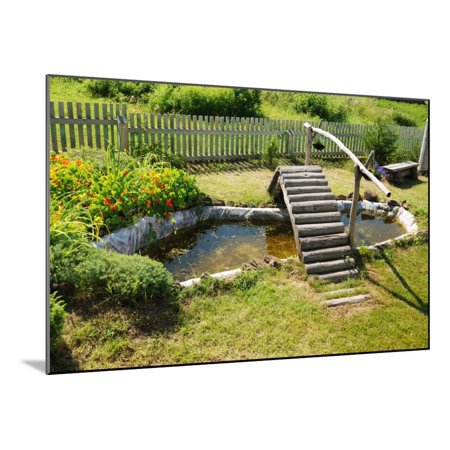 Small Garden Pond With Wooden Bridge Wood Mounted Print Wall Art