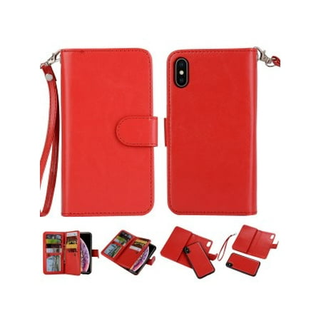 2 in 1 Leather Wallet Case with 9 Credit Card Slots and Removable Back Cover for iPhone Xs Max(6.5") -Red