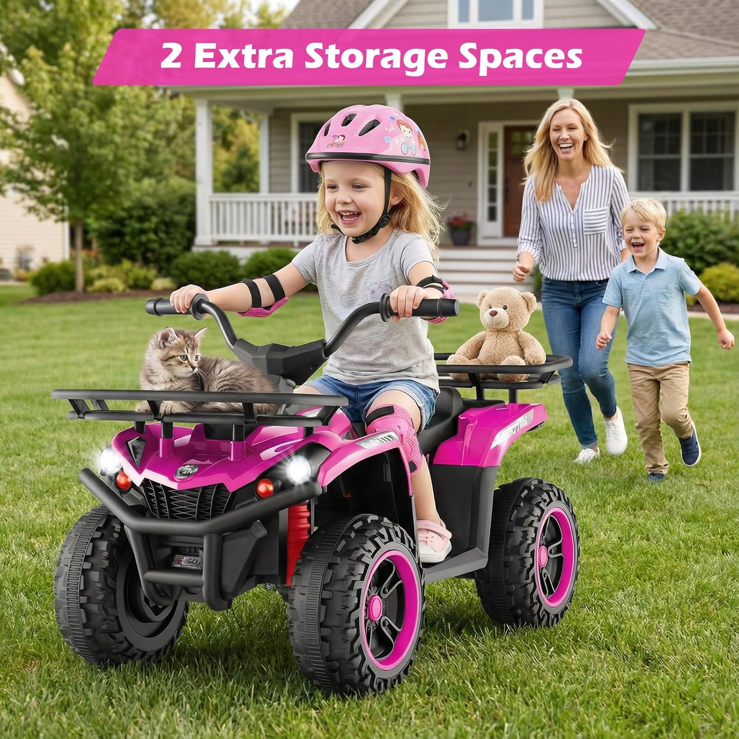 OLAKIDS 12V Kids ATV Quad with 2 Speeds, Spring Suspension, LED Lights, Music & Story Player, Big Tires, 2 Storage Spaces, Ride On Car for Boys Girls Ages 3+