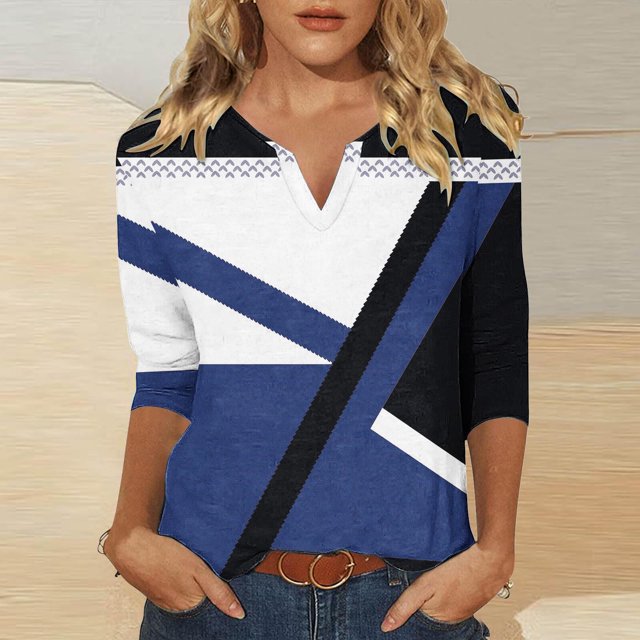 Hot6sl Mode Chemisiers Décontractés Amples pour Femmes T-Shirt Imprimé Haut à Manches 3/4 à Col en V