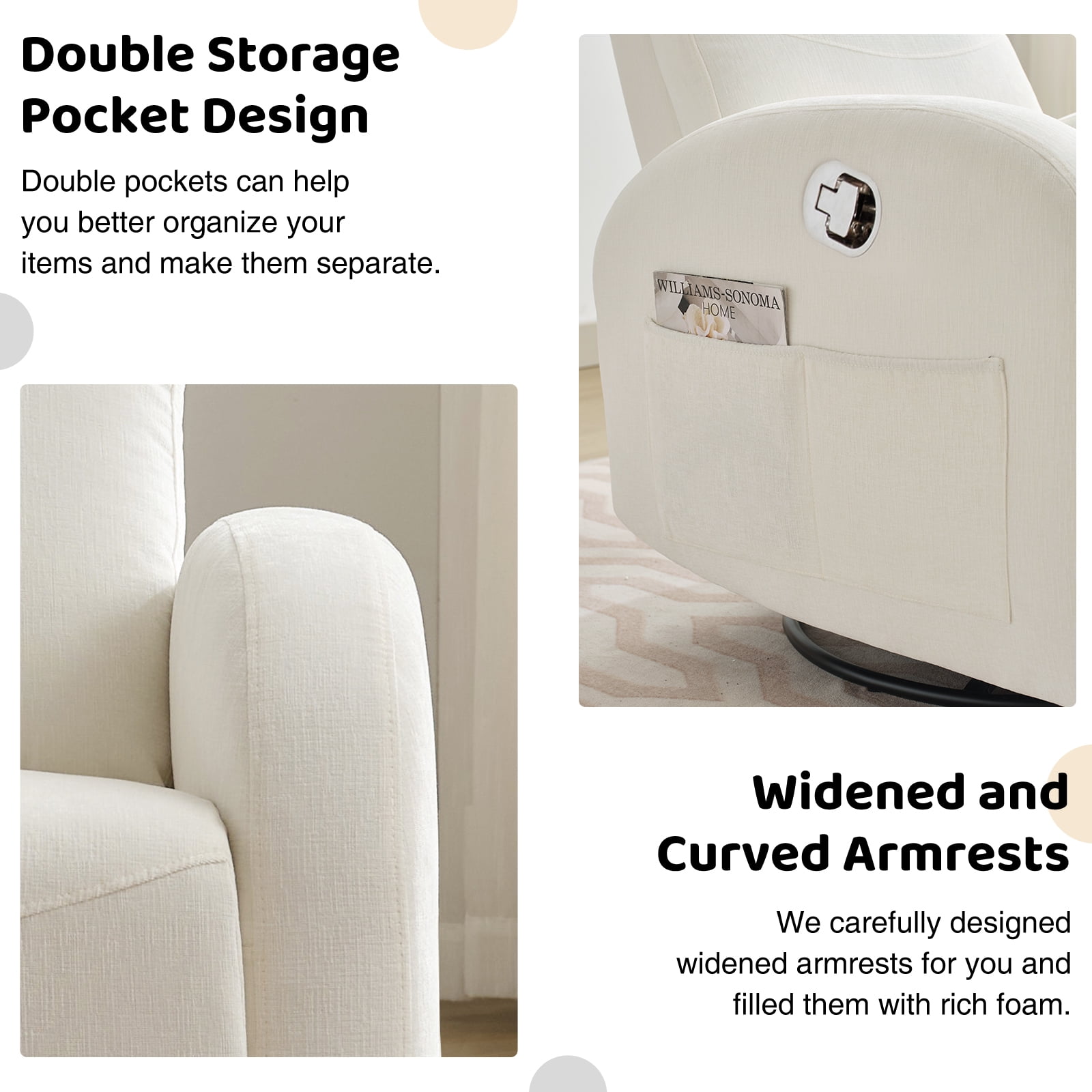 Aemeios Chenille Swivel Rocker Glider Manual Recliner Nursery Rocking Chair with Double Pockets, White