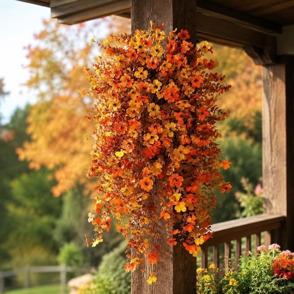 Artificial Fall Hanging Basket, 2-Pack of 29-inch Faux Silk Wisteria and Brown Leaf Plant for Outdoor Porch, Wall and Patio Decor