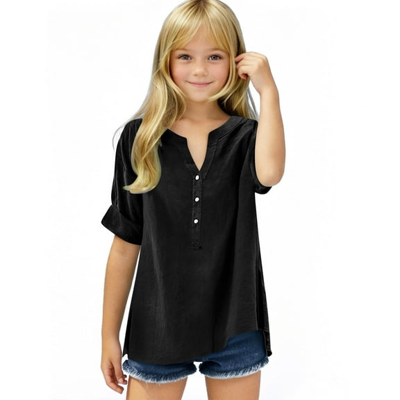 ZACPNCV Summer Girls Shirts Kids Tops Lapel V Neck Button Down Shirt Loose Fit Dressy Casual Blouses Tee Black 11-12 Years