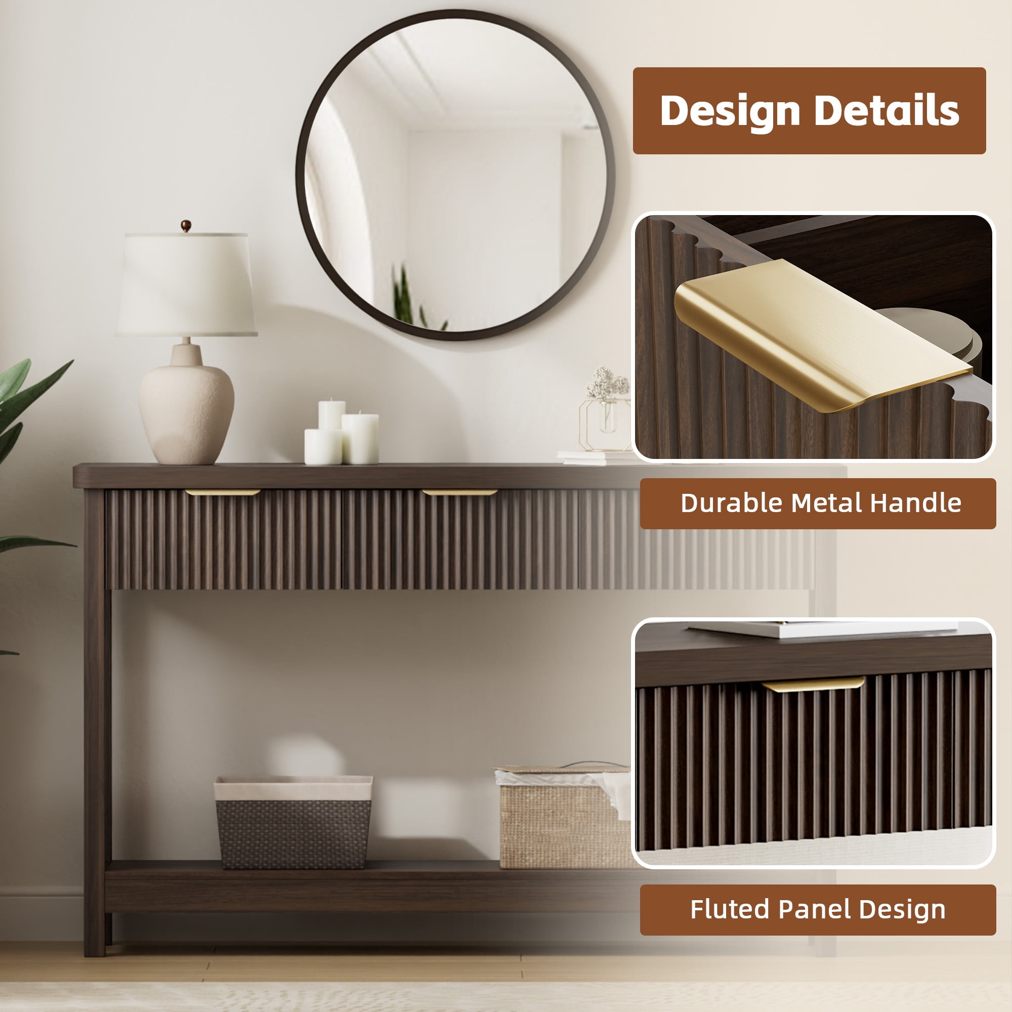 Aufeile 51" Entryway Table, Modern Fluted Console Table with 3 Storage Drawers and Open Shelf, Narrow Sofa Couch Table for Living Room Hallway Entrance Foyer, Walnut, Home Decor