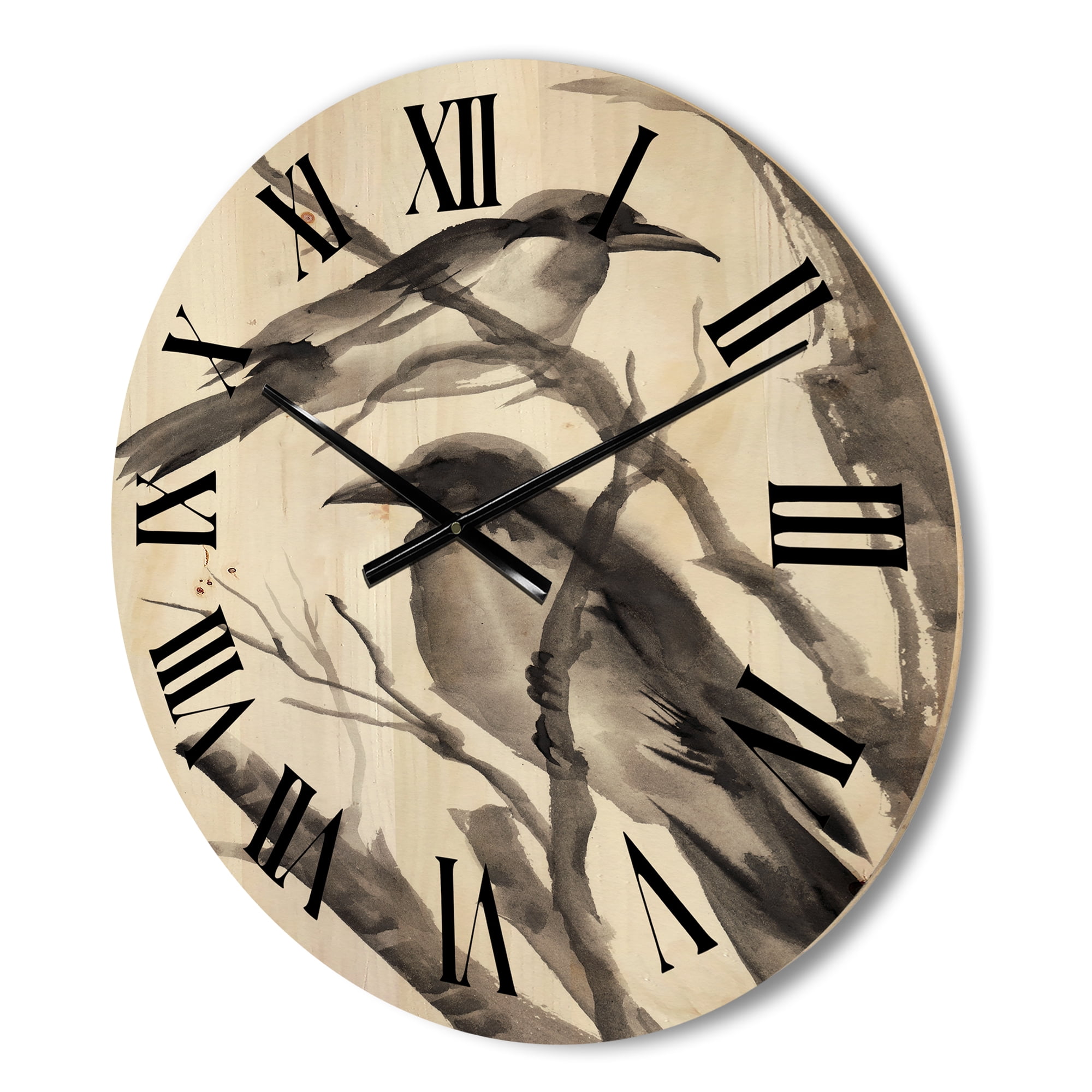 Designart 'Vintage Black and White Sleeping Crows' Traditional Wood Wall Clock
