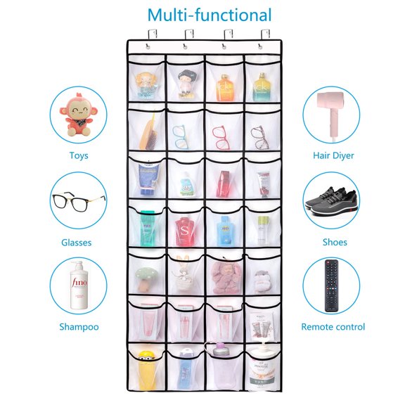 1 Pack Slip Resistant Breathable Space Saving Mesh Large 28 Pocket Shoe Organizer, Up to 40 Pounds, Over the Door, Sturdy Closet Storage Rack Hangs on Closets for Shoes, Sneakers, Black