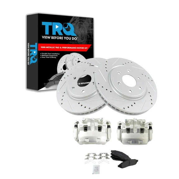 TRQ Front Performance Brake Pad & Rotor Kit Brake Caliper Brake Pads Brake Rotors Set Semi-Metallic Premium G-Coated Fits Select 2005-2019 Nissan Frontier 2005-2012 Pathfinder 2005-2015 Xterra