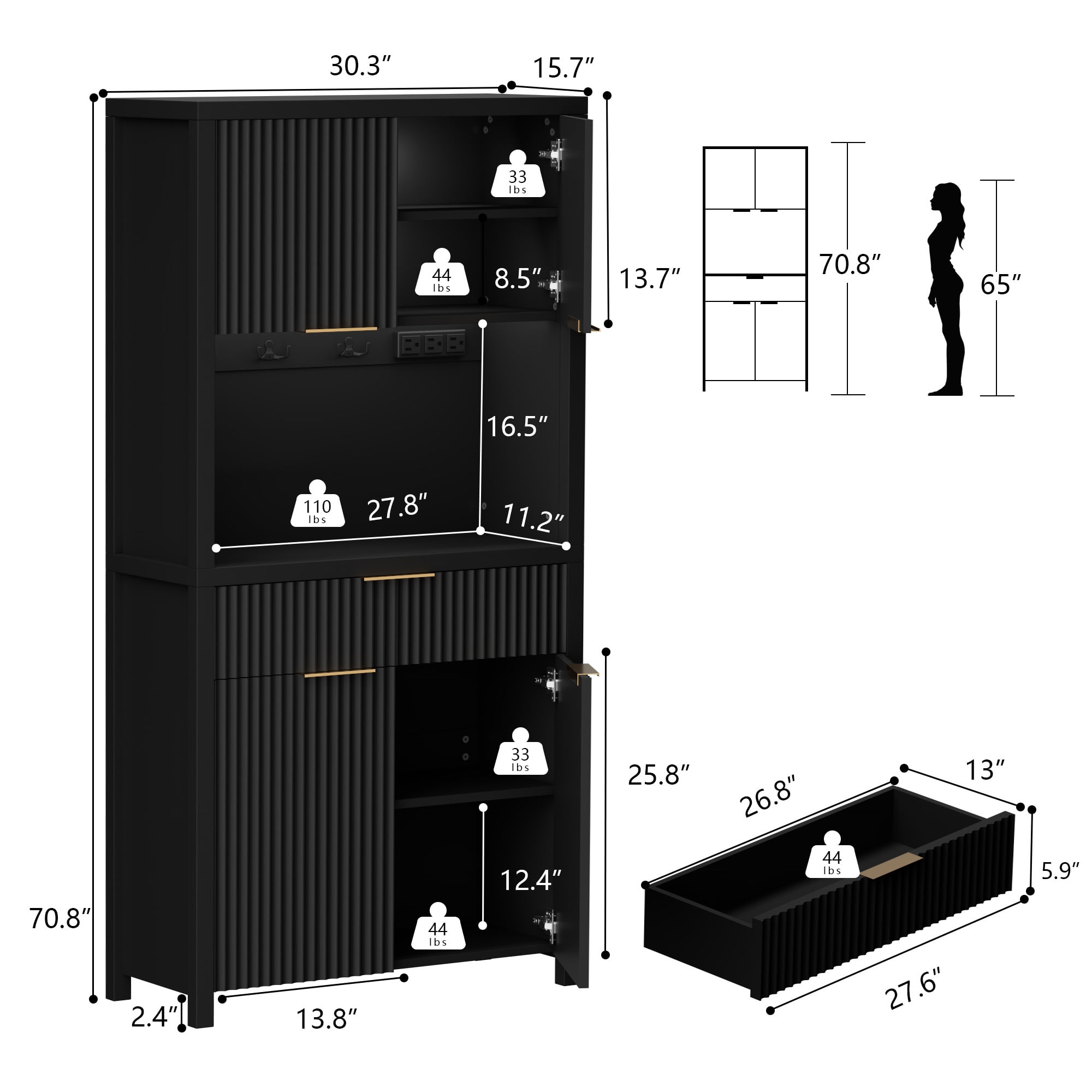 GIKPAL Kitchen Storage Cabinets with Drawer, Pantry Cabinet with Charging Station, Pantry Organizer with Adjustable Shelves, Hutch Cabinet with Storage for Dining Living Room , Black Set of 2