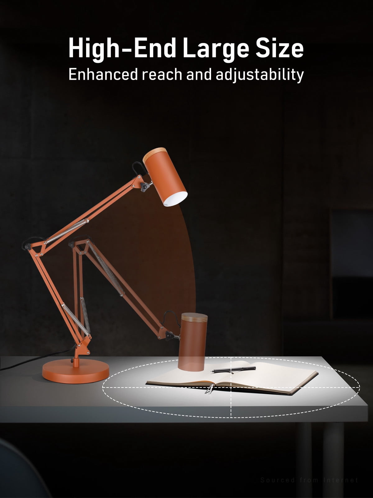 2 Pack Adjustable Metal Table Lamp, Large Size Max Height 29.7", E26 Base, Swing Arm Desk Light with Wooden Accent, Orange