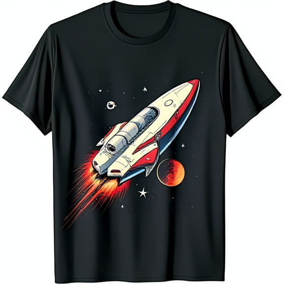 Retro Rocket Ship Graphic Black T-Shirt Starry Space Design
