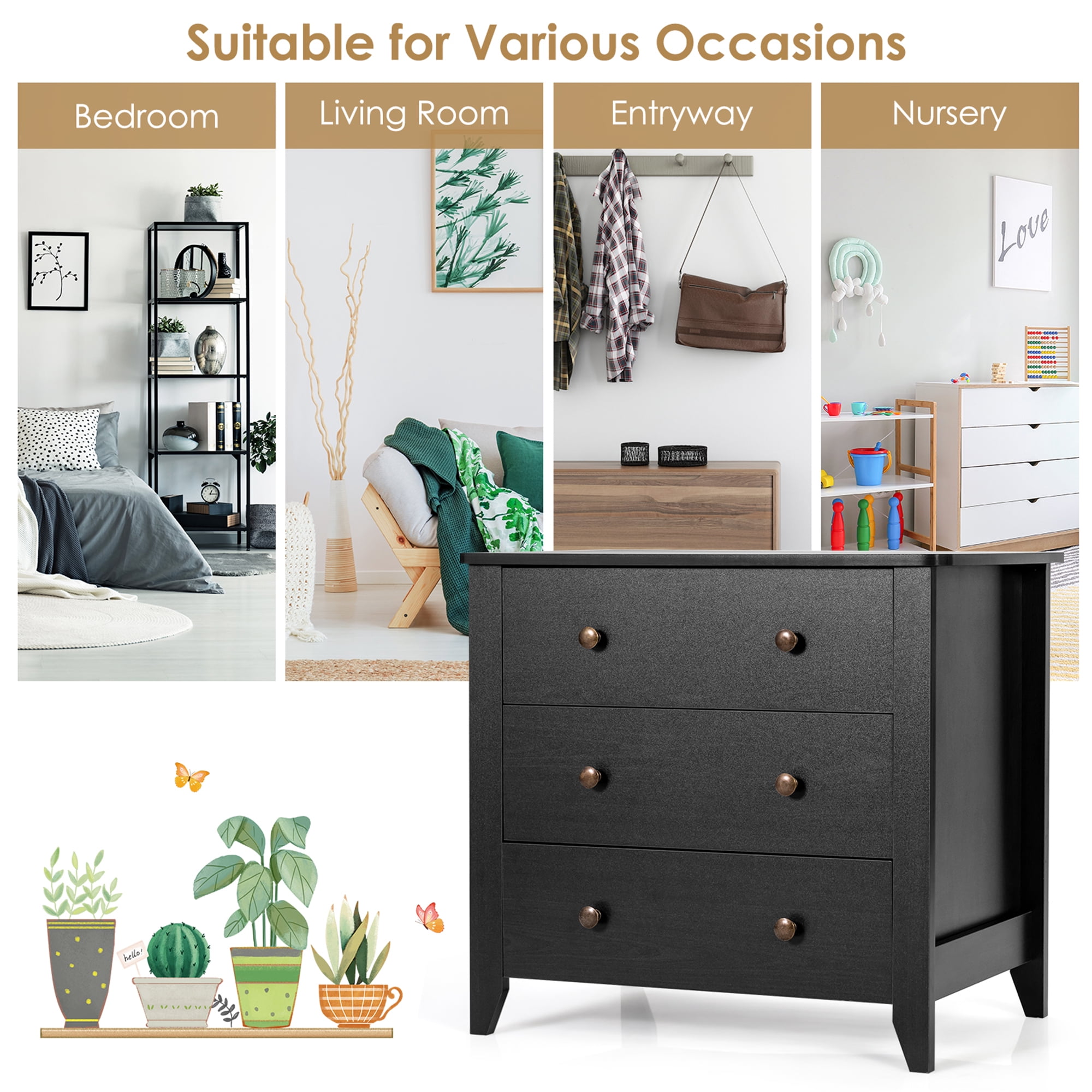 Gymax 3 Drawer Dresser Chest of Drawers Bedside Table for Living Room Bedroom Black