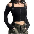 thumbnail image 2 of HLSOHJP Women's Cold Shoulder Black Crop Top Long Sleeve Off Shoulder Zipper Front Buckle Closure Ribbed Cropped Shirt, 2 of 7