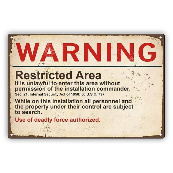 Restricted Area Unlawful to Enter Without Commander Permission Warning Aluminum Metal Sign 8x12