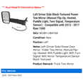thumbnail image 2 of Left Driver Side Black Textured Power Tow Mirror (Manual Flip-Up, Heated, Puddle Light, Turn Signal, Temperature Sensor) - Compatible with 2013 - 2017 Ram 1500 2014 2015 2016, 2 of 3