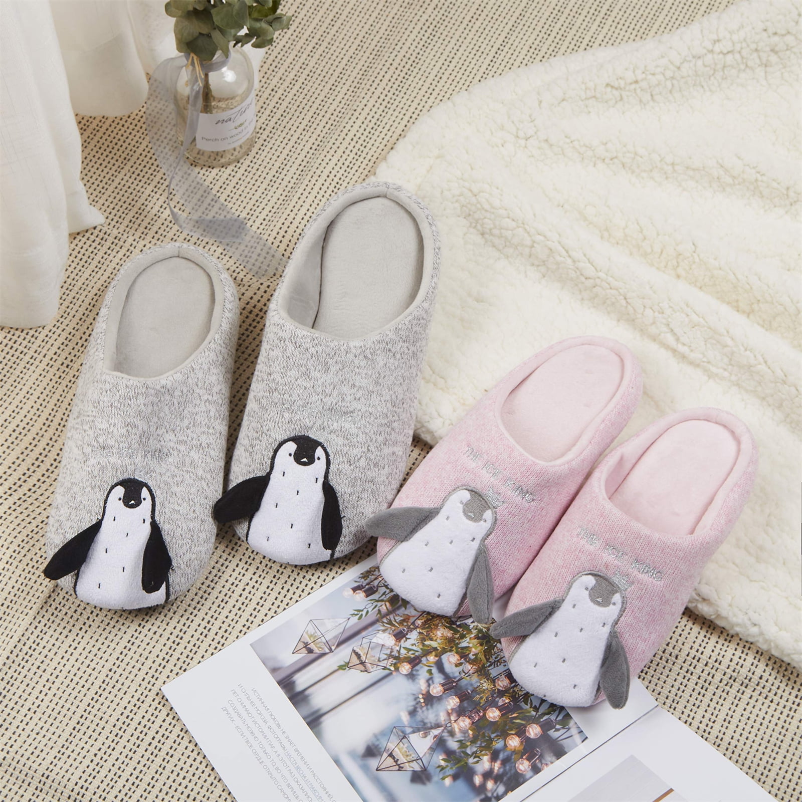 Sanfiago Knitted Penguin Animal Lovers Slippers Non-Slip Soft Memory Foam Home C 