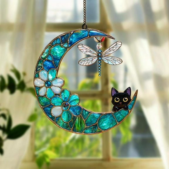 Dragonfly Moon Cat Faux Window Hanging, Acrylic Suncatcher Ornament, Garden Decor for Dragonfly Lovers, Gift for Mother's Day